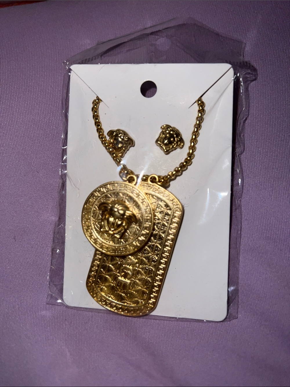 Gold Double Pendant Necklace and Earrings Set
